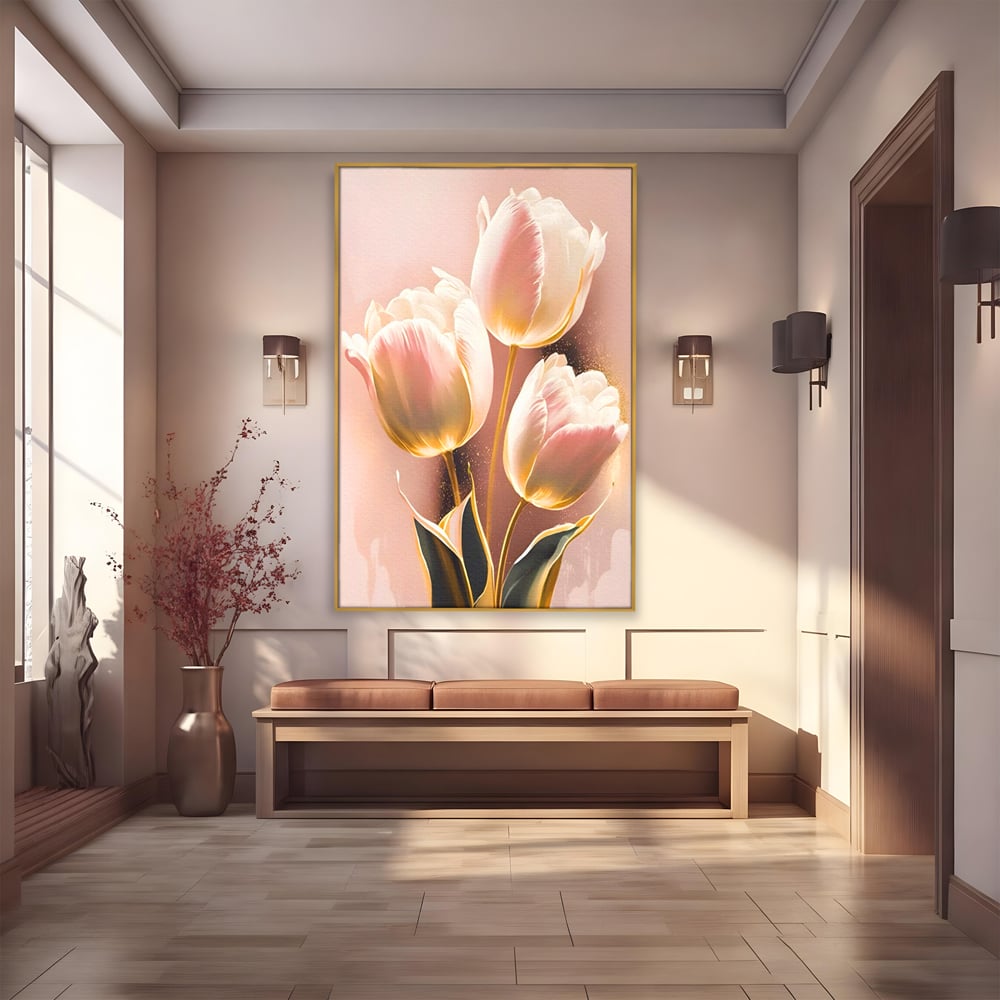Tablou canvas cu tablou canvas cu trei lalele roz, in rama de aluminiu auriu